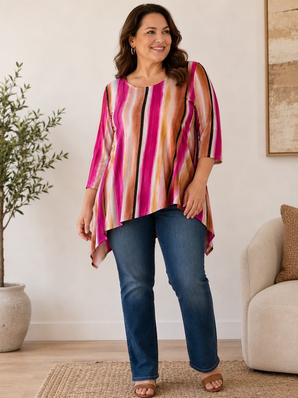 Alfani Womens 3X Asymmetrical Tunic Top Pink Brown Striped Stretch Plus Size 3X